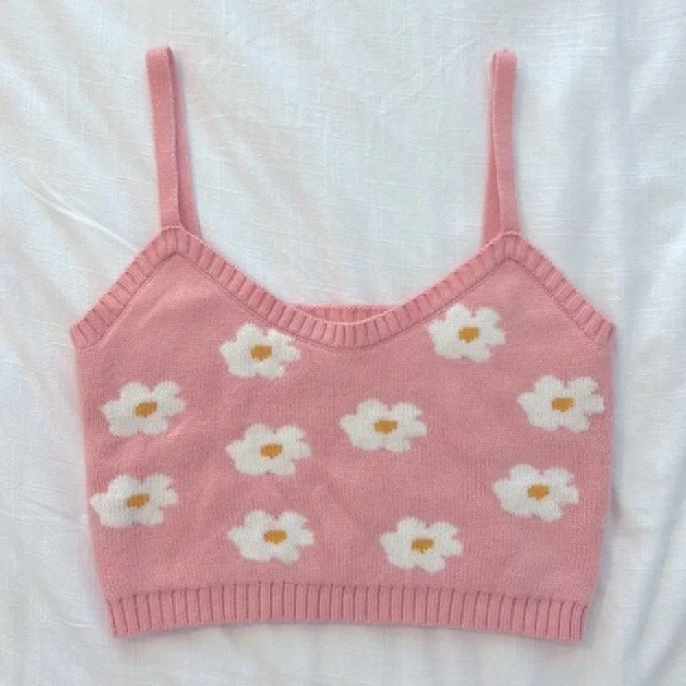 Altar'd State Ladies Small Pink Spaghetti Strap Daisy Floral Tank Top Cropped
